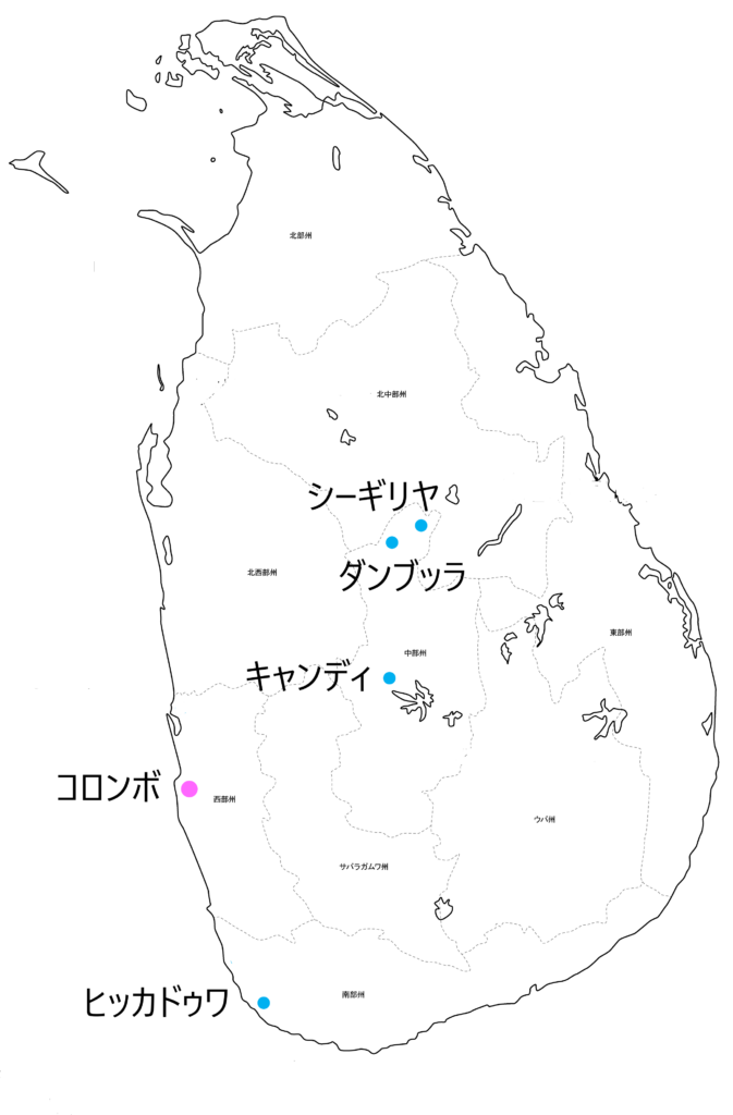 シーギリヤ・キャンディ・ヒッカドゥワビーチ地図